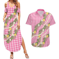 Aloha Puakenikeni Anthurium Pikake Lei Couples Matching Summer Maxi Dress and Hawaiian Shirt Tropical Pink Hawaiian Palaka Pattern LT9 Pink - Polynesian Pride