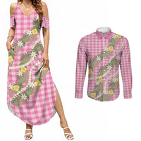Aloha Puakenikeni Anthurium Pikake Lei Couples Matching Summer Maxi Dress and Long Sleeve Button Shirt Tropical Pink Hawaiian Palaka Pattern LT9 Pink - Polynesian Pride