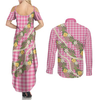 Aloha Puakenikeni Anthurium Pikake Lei Couples Matching Summer Maxi Dress and Long Sleeve Button Shirt Tropical Pink Hawaiian Palaka Pattern LT9 - Polynesian Pride