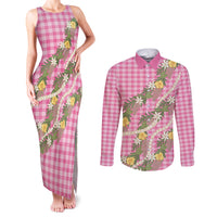 Aloha Puakenikeni Anthurium Pikake Lei Couples Matching Tank Maxi Dress and Long Sleeve Button Shirt Tropical Pink Hawaiian Palaka Pattern