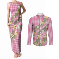 Aloha Puakenikeni Anthurium Pikake Lei Couples Matching Tank Maxi Dress and Long Sleeve Button Shirt Tropical Pink Hawaiian Palaka Pattern LT9 Pink - Polynesian Pride