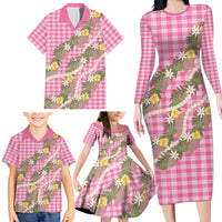 Aloha Puakenikeni Anthurium Pikake Lei Family Matching Long Sleeve Bodycon Dress and Hawaiian Shirt Tropical Pink Hawaiian Palaka Pattern LT9 - Polynesian Pride