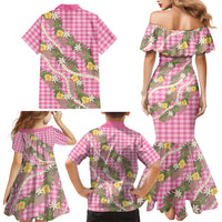 Aloha Puakenikeni Anthurium Pikake Lei Family Matching Mermaid Dress and Hawaiian Shirt Tropical Pink Hawaiian Palaka Pattern LT9 Mom's Dress Pink - Polynesian Pride