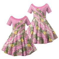 Aloha Puakenikeni Anthurium Pikake Lei Family Matching Off The Shoulder Long Sleeve Dress and Hawaiian Shirt Tropical Pink Hawaiian Palaka Pattern LT9 Daughter's Dress Pink - Polynesian Pride