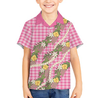 Aloha Puakenikeni Anthurium Pikake Lei Family Matching Off The Shoulder Long Sleeve Dress and Hawaiian Shirt Tropical Pink Hawaiian Palaka Pattern LT9 Son's Shirt Pink - Polynesian Pride