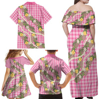 Aloha Puakenikeni Anthurium Pikake Lei Family Matching Off Shoulder Maxi Dress and Hawaiian Shirt Tropical Pink Hawaiian Palaka Pattern LT9 Mom's Dress Pink - Polynesian Pride