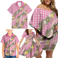 Aloha Puakenikeni Anthurium Pikake Lei Family Matching Off Shoulder Short Dress and Hawaiian Shirt Tropical Pink Hawaiian Palaka Pattern LT9 - Polynesian Pride