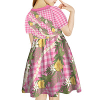 Aloha Puakenikeni Anthurium Pikake Lei Kid Short Sleeve Dress Tropical Pink Hawaiian Palaka Pattern