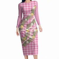 Aloha Puakenikeni Anthurium Pikake Lei Long Sleeve Bodycon Dress Tropical Pink Hawaiian Palaka Pattern LT9 Long Dress Pink - Polynesian Pride