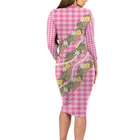 Aloha Puakenikeni Anthurium Pikake Lei Long Sleeve Bodycon Dress Tropical Pink Hawaiian Palaka Pattern