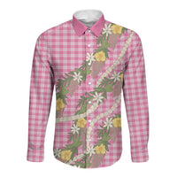 Aloha Puakenikeni Anthurium Pikake Lei Long Sleeve Button Shirt Tropical Pink Hawaiian Palaka Pattern LT9 Unisex Pink - Polynesian Pride