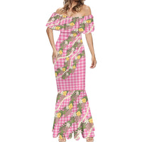 Aloha Puakenikeni Anthurium Pikake Lei Mermaid Dress Tropical Pink Hawaiian Palaka Pattern
