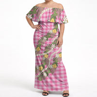 Aloha Puakenikeni Anthurium Pikake Lei Off Shoulder Maxi Dress Tropical Pink Hawaiian Palaka Pattern LT9 Women Pink - Polynesian Pride