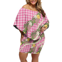 Aloha Puakenikeni Anthurium Pikake Lei Off Shoulder Short Dress Tropical Pink Hawaiian Palaka Pattern LT9 Women Pink - Polynesian Pride
