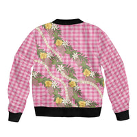 Aloha Puakenikeni Anthurium Pikake Lei Sleeve Zip Bomber Jacket Tropical Pink Hawaiian Palaka Pattern