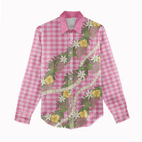Aloha Puakenikeni Anthurium Pikake Lei Women Casual Shirt Tropical Pink Hawaiian Palaka Pattern