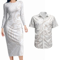 Hawaii Plumeria Lokelani Pikake Lei Couples Matching Long Sleeve Bodycon Dress and Hawaiian Shirt Sandy Beige Polynesian Tattoo LT9 Beige - Polynesian Pride