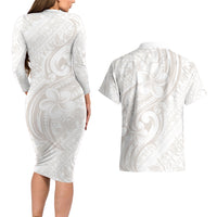 Hawaii Plumeria Lokelani Pikake Lei Couples Matching Long Sleeve Bodycon Dress and Hawaiian Shirt Sandy Beige Polynesian Tattoo LT9 - Polynesian Pride