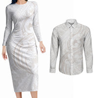 Hawaii Plumeria Lokelani Pikake Lei Couples Matching Long Sleeve Bodycon Dress and Long Sleeve Button Shirt Sandy Beige Polynesian Tattoo LT9 Beige - Polynesian Pride