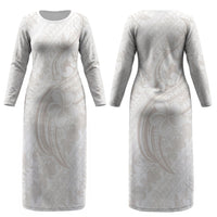 Hawaii Plumeria Lokelani Pikake Lei Couples Matching Long Sleeve Bodycon Dress and Long Sleeve Button Shirt Sandy Beige Polynesian Tattoo LT9 - Polynesian Pride