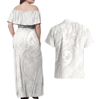 Hawaii Plumeria Lokelani Pikake Lei Couples Matching Off Shoulder Maxi Dress and Hawaiian Shirt Sandy Beige Polynesian Tattoo LT9 - Polynesian Pride
