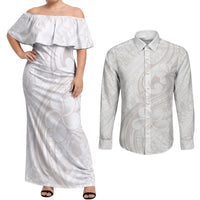 Hawaii Plumeria Lokelani Pikake Lei Couples Matching Off Shoulder Maxi Dress and Long Sleeve Button Shirt Sandy Beige Polynesian Tattoo LT9 Beige - Polynesian Pride