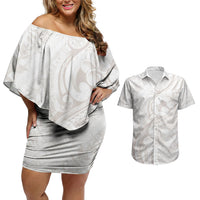 Hawaii Plumeria Lokelani Pikake Lei Couples Matching Off Shoulder Short Dress and Hawaiian Shirt Sandy Beige Polynesian Tattoo LT9 Beige - Polynesian Pride
