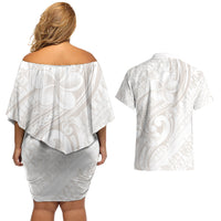 Hawaii Plumeria Lokelani Pikake Lei Couples Matching Off Shoulder Short Dress and Hawaiian Shirt Sandy Beige Polynesian Tattoo LT9 - Polynesian Pride