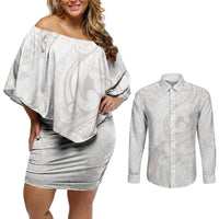 Hawaii Plumeria Lokelani Pikake Lei Couples Matching Off Shoulder Short Dress and Long Sleeve Button Shirt Sandy Beige Polynesian Tattoo LT9 Beige - Polynesian Pride
