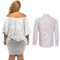 Hawaii Plumeria Lokelani Pikake Lei Couples Matching Off Shoulder Short Dress and Long Sleeve Button Shirt Sandy Beige Polynesian Tattoo LT9 - Polynesian Pride