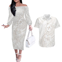 Hawaii Plumeria Lokelani Pikake Lei Couples Matching Off The Shoulder Long Sleeve Dress and Hawaiian Shirt Sandy Beige Polynesian Tattoo LT9 Beige - Polynesian Pride