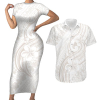 Hawaii Plumeria Lokelani Pikake Lei Couples Matching Short Sleeve Bodycon Dress and Hawaiian Shirt Sandy Beige Polynesian Tattoo LT9 Beige - Polynesian Pride