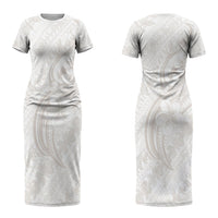 Hawaii Plumeria Lokelani Pikake Lei Couples Matching Short Sleeve Bodycon Dress and Hawaiian Shirt Sandy Beige Polynesian Tattoo LT9 - Polynesian Pride