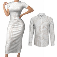 Hawaii Plumeria Lokelani Pikake Lei Couples Matching Short Sleeve Bodycon Dress and Long Sleeve Button Shirt Sandy Beige Polynesian Tattoo LT9 Beige - Polynesian Pride