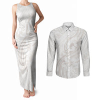 Hawaii Plumeria Lokelani Pikake Lei Couples Matching Tank Maxi Dress and Long Sleeve Button Shirt Sandy Beige Polynesian Tattoo LT9 Beige - Polynesian Pride