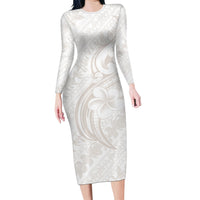 Hawaii Plumeria Lokelani Pikake Lei Long Sleeve Bodycon Dress Sandy Beige Polynesian Tattoo