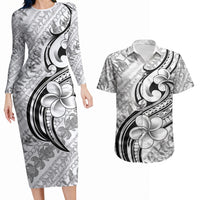 Hawaii Plumeria Lokelani Pikake Lei Couples Matching Long Sleeve Bodycon Dress and Hawaiian Shirt Ele'ele Polynesian Tattoo LT9 Black - Polynesian Pride