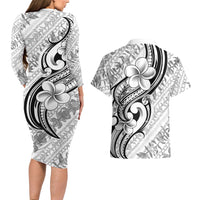 Hawaii Plumeria Lokelani Pikake Lei Couples Matching Long Sleeve Bodycon Dress and Hawaiian Shirt Ele'ele Polynesian Tattoo LT9 - Polynesian Pride