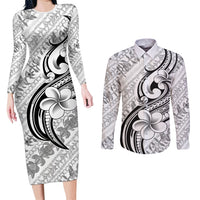 Hawaii Plumeria Lokelani Pikake Lei Couples Matching Long Sleeve Bodycon Dress and Long Sleeve Button Shirt Ele'ele Polynesian Tattoo LT9 Black - Polynesian Pride
