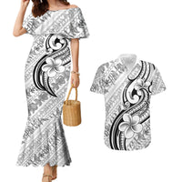 Hawaii Plumeria Lokelani Pikake Lei Couples Matching Mermaid Dress and Hawaiian Shirt Ele'ele Polynesian Tattoo LT9 Black - Polynesian Pride