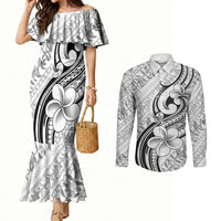 Hawaii Plumeria Lokelani Pikake Lei Couples Matching Mermaid Dress and Long Sleeve Button Shirt Ele'ele Polynesian Tattoo LT9 Black - Polynesian Pride