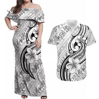 Hawaii Plumeria Lokelani Pikake Lei Couples Matching Off Shoulder Maxi Dress and Hawaiian Shirt Ele'ele Polynesian Tattoo LT9 Black - Polynesian Pride