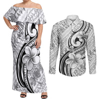 Hawaii Plumeria Lokelani Pikake Lei Couples Matching Off Shoulder Maxi Dress and Long Sleeve Button Shirt Ele'ele Polynesian Tattoo LT9 Black - Polynesian Pride