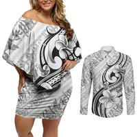 Hawaii Plumeria Lokelani Pikake Lei Couples Matching Off Shoulder Short Dress and Long Sleeve Button Shirt Ele'ele Polynesian Tattoo LT9 Black - Polynesian Pride