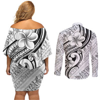 Hawaii Plumeria Lokelani Pikake Lei Couples Matching Off Shoulder Short Dress and Long Sleeve Button Shirt Ele'ele Polynesian Tattoo LT9 - Polynesian Pride