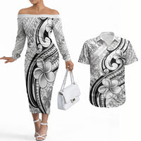 Hawaii Plumeria Lokelani Pikake Lei Couples Matching Off The Shoulder Long Sleeve Dress and Hawaiian Shirt Ele'ele Polynesian Tattoo LT9 Black - Polynesian Pride