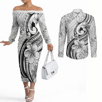 Hawaii Plumeria Lokelani Pikake Lei Couples Matching Off The Shoulder Long Sleeve Dress and Long Sleeve Button Shirt Ele'ele Polynesian Tattoo LT9 Black - Polynesian Pride