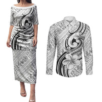 Hawaii Plumeria Lokelani Pikake Lei Couples Matching Puletasi and Long Sleeve Button Shirt Ele'ele Polynesian Tattoo LT9 Black - Polynesian Pride