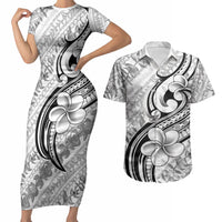 Hawaii Plumeria Lokelani Pikake Lei Couples Matching Short Sleeve Bodycon Dress and Hawaiian Shirt Ele'ele Polynesian Tattoo LT9 Black - Polynesian Pride