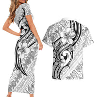 Hawaii Plumeria Lokelani Pikake Lei Couples Matching Short Sleeve Bodycon Dress and Hawaiian Shirt Ele'ele Polynesian Tattoo LT9 - Polynesian Pride